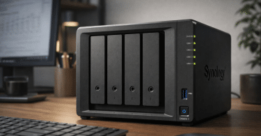 Synology DiskStation DS925+ posé sur un bureau moderne dans un environnement home office sobre et réaliste