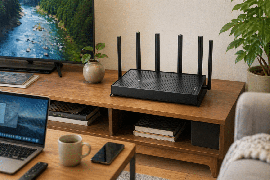 Routeur TP-Link Archer BE400 v1 installé sur un meuble TV dans un salon moderne