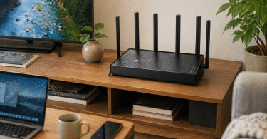 Routeur TP-Link Archer BE400 v1 installé sur un meuble TV dans un salon moderne