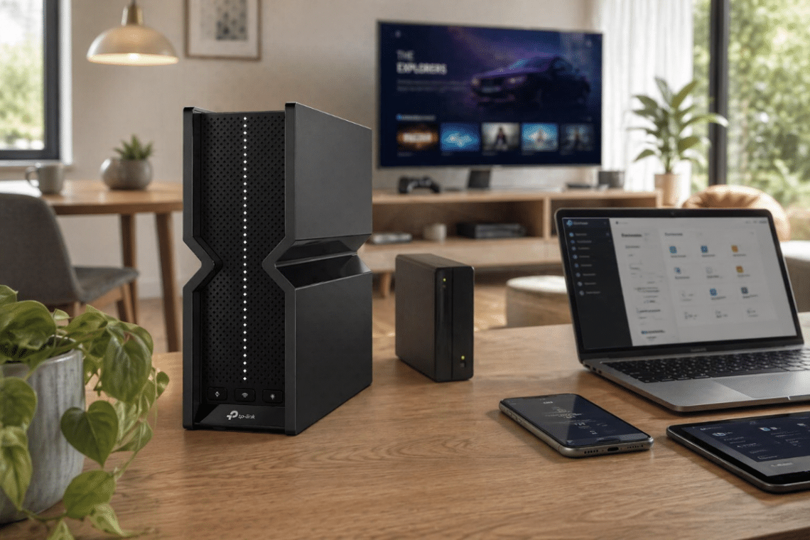 Routeur TP-Link Archer BE550 v1 installé dans un espace domestique moderne avec ordinateur, TV et appareils connectés