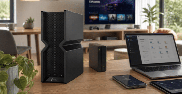 Routeur TP-Link Archer BE550 v1 installé dans un espace domestique moderne avec ordinateur, TV et appareils connectés