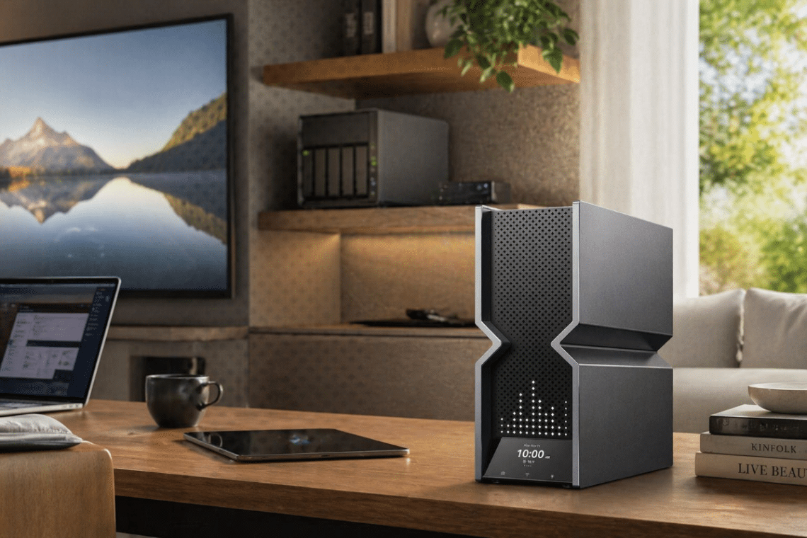 Routeur TP-Link Archer BE900 v2 installé dans un bureau domestique moderne avec NAS, écran et équipements réseau