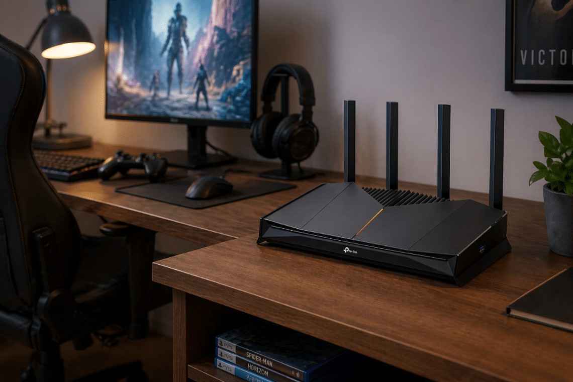 Routeur TP-Link Archer GE230 v1 installé sur un bureau gaming domestique sobre, dans un setup adulte simple et crédible.