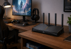 Routeur TP-Link Archer GE230 v1 installé sur un bureau gaming domestique sobre, dans un setup adulte simple et crédible.