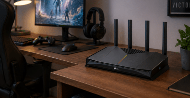 Routeur TP-Link Archer GE230 v1 installé sur un bureau gaming domestique sobre, dans un setup adulte simple et crédible.