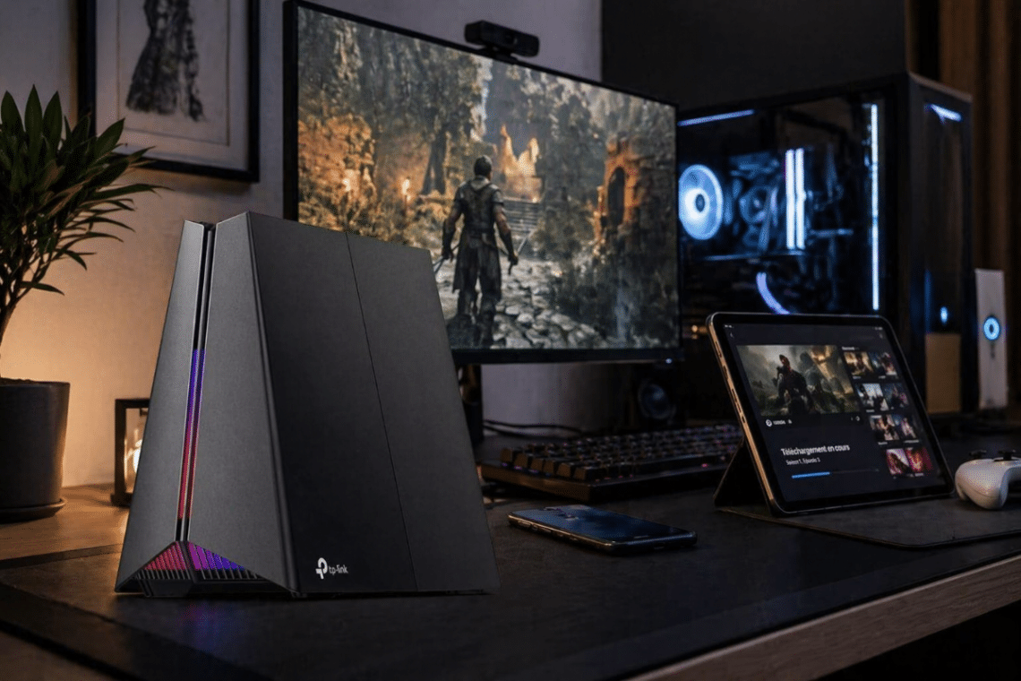 Routeur TP-Link Archer GE550 v1 installé sur un bureau gaming domestique avec écran, PC et usages connectés en arrière-plan