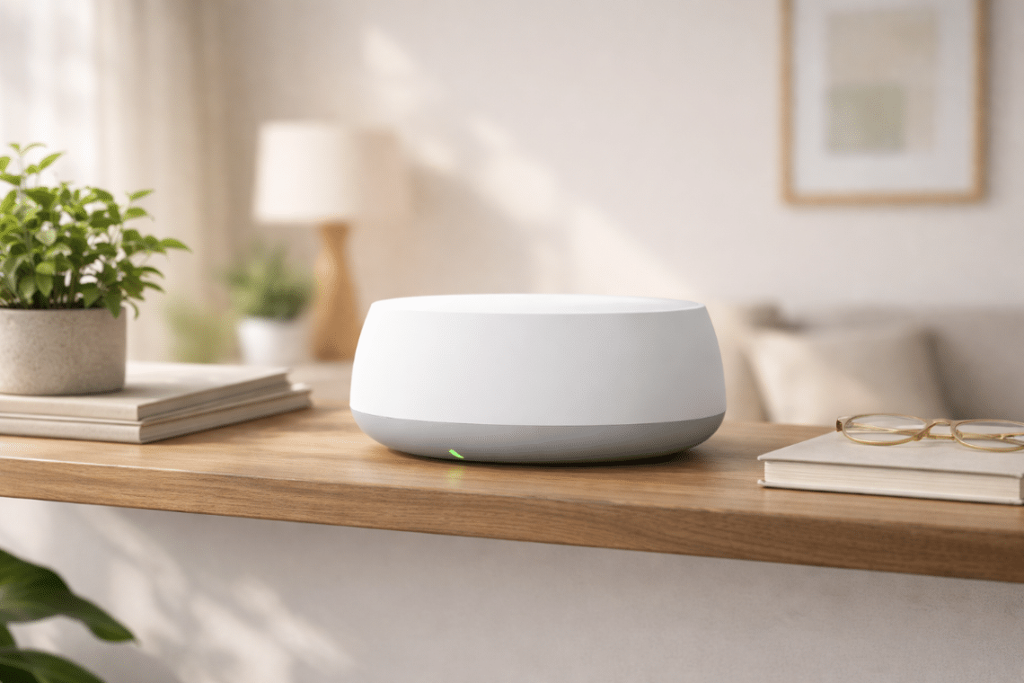 Routeur mesh Wi-Fi TP-Link Deco BE25 posé sur une étagère dans un salon lumineux