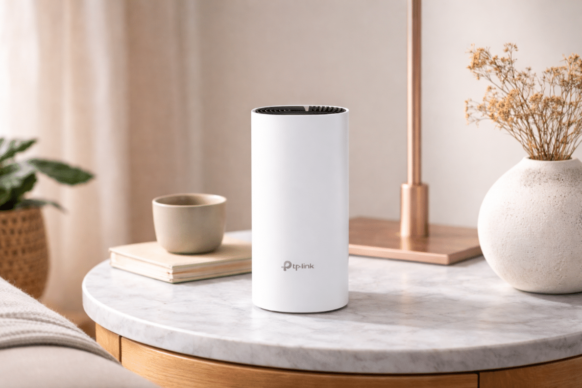 Routeur WiFi Mesh TP-Link Deco M4 posé sur une table dans un salon moderne