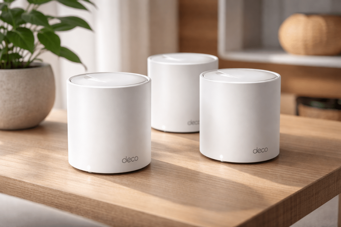 Trois bornes Wi-Fi mesh TP-Link Deco X1500 blanches posées sur une table en bois dans un intérieur moderne
