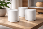Trois bornes Wi-Fi mesh TP-Link Deco X1500 blanches posées sur une table en bois dans un intérieur moderne