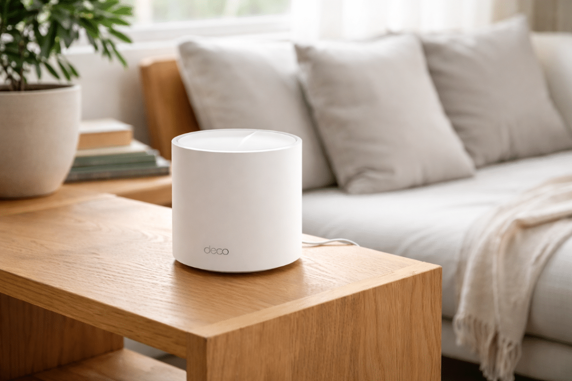 Routeur mesh TP-Link Deco X50 posé sur une table en bois dans un salon lumineux