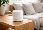 Routeur mesh TP-Link Deco X50 posé sur une table en bois dans un salon lumineux