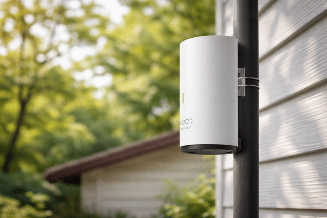 TP-Link Deco X50-Outdoor fixé à l’extérieur d’une maison pour étendre la couverture Wi-Fi autour du logement