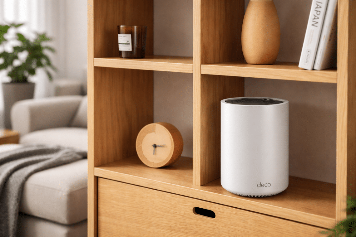 Routeur Wi-Fi mesh TP-Link Deco XE75 blanc posé sur une étagère en bois dans un salon