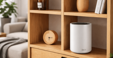 Routeur Wi-Fi mesh TP-Link Deco XE75 blanc posé sur une étagère en bois dans un salon