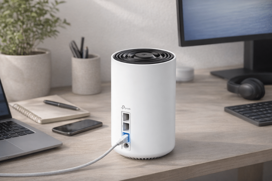 Routeur Wi-Fi mesh TP-Link Deco XE75 Pro posé sur un bureau dans un environnement domestique