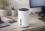 Routeur Wi-Fi mesh TP-Link Deco XE75 Pro posé sur un bureau dans un environnement domestique