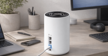 Routeur Wi-Fi mesh TP-Link Deco XE75 Pro posé sur un bureau dans un environnement domestique