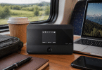 Routeur mobile TP-Link M7350 posé sur une table de train à côté d’un ordinateur portable, d’un smartphone, d’un carnet et d’un café