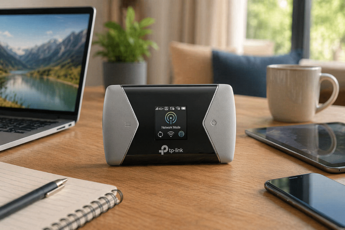 Routeur mobile TP-Link M7450 posé sur une table en bois à côté d’un ordinateur portable, d’une tablette, d’un smartphone et d’un carnet