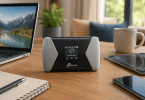 Routeur mobile TP-Link M7450 posé sur une table en bois à côté d’un ordinateur portable, d’une tablette, d’un smartphone et d’un carnet