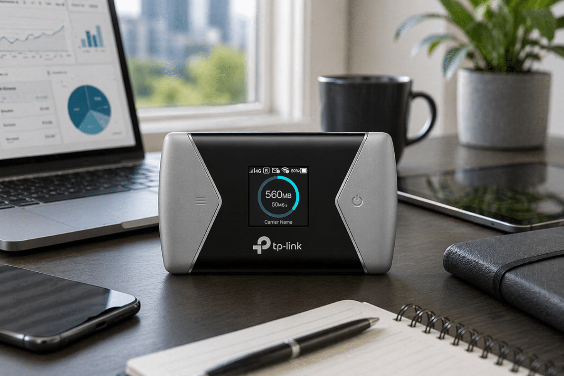 TP-Link M7650 posé sur un bureau à côté d’un ordinateur portable, d’une tablette, d’un smartphone, d’un carnet et d’une tasse