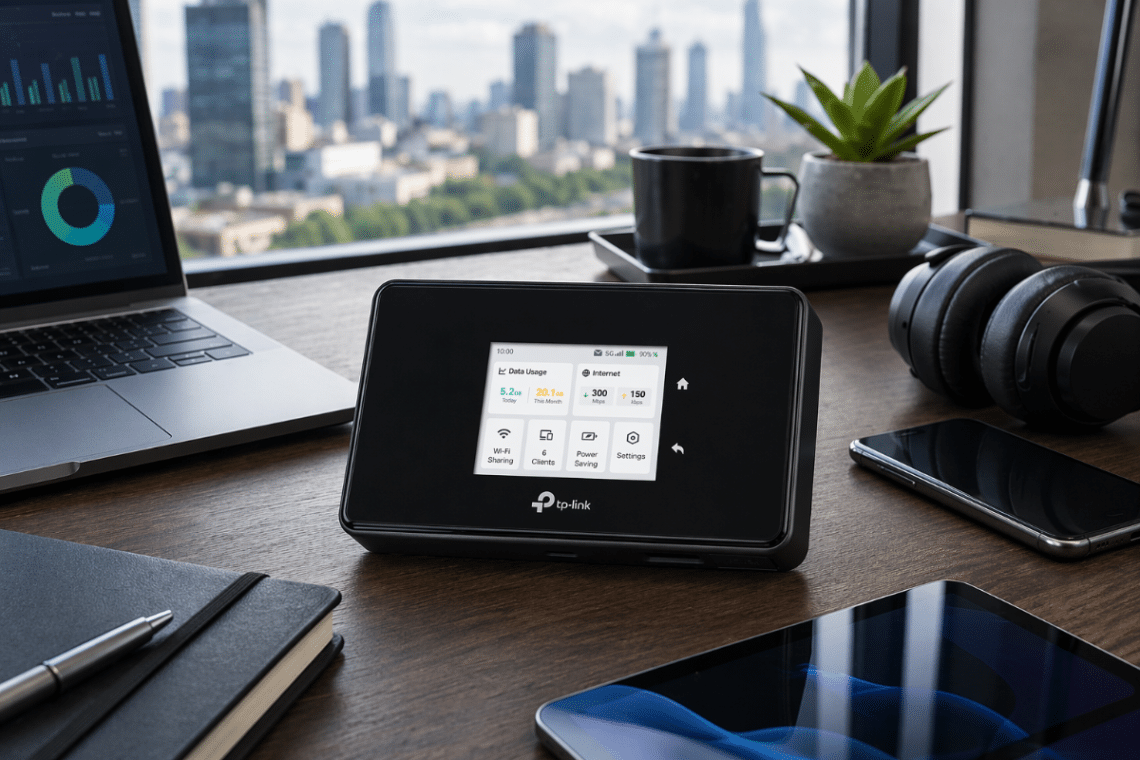 Routeur mobile TP-Link M8550 posé sur un bureau à côté d’un ordinateur portable, d’une tablette, d’un smartphone, d’un casque audio et d’accessoires de travail