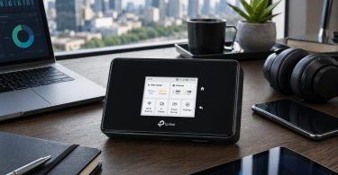 Routeur mobile TP-Link M8550 posé sur un bureau à côté d’un ordinateur portable, d’une tablette, d’un smartphone, d’un casque audio et d’accessoires de travail