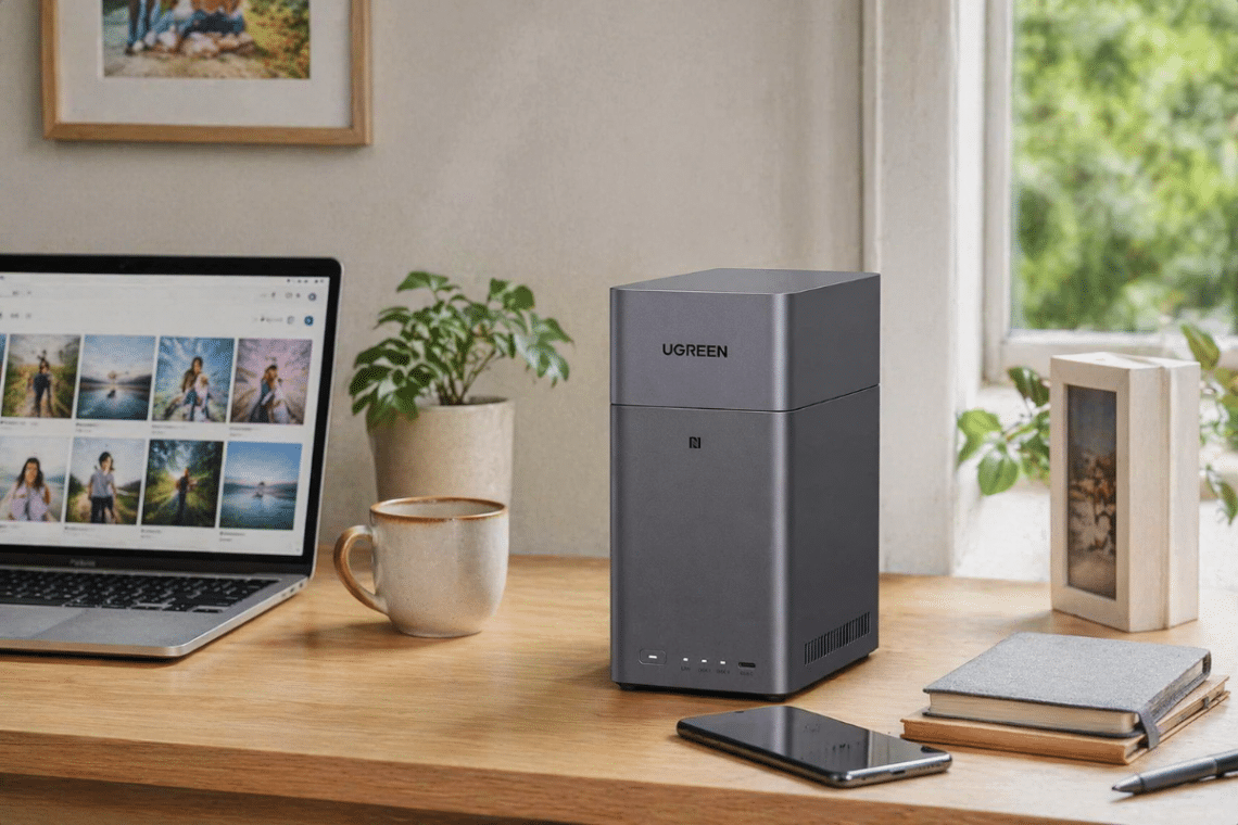 UGREEN NASync DH2300 posé sur un bureau domestique lumineux, dans un environnement calme dédié aux photos, documents et sauvegardes familiales