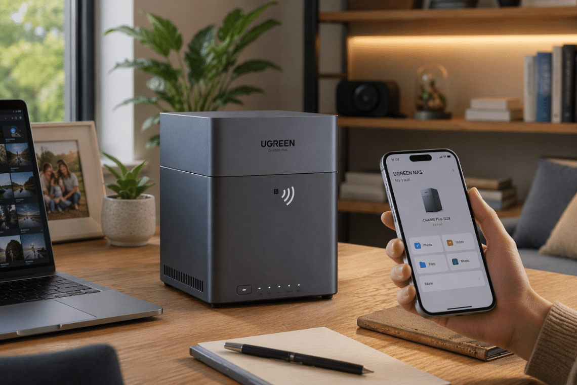 UGREEN NASync DH4300 Plus installé sur un bureau domestique lumineux, dans un espace organisé pour les photos, vidéos, sauvegardes familiales et le stockage partagé