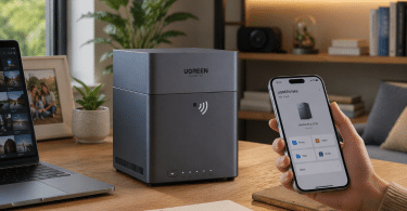 UGREEN NASync DH4300 Plus installé sur un bureau domestique lumineux, dans un espace organisé pour les photos, vidéos, sauvegardes familiales et le stockage partagé