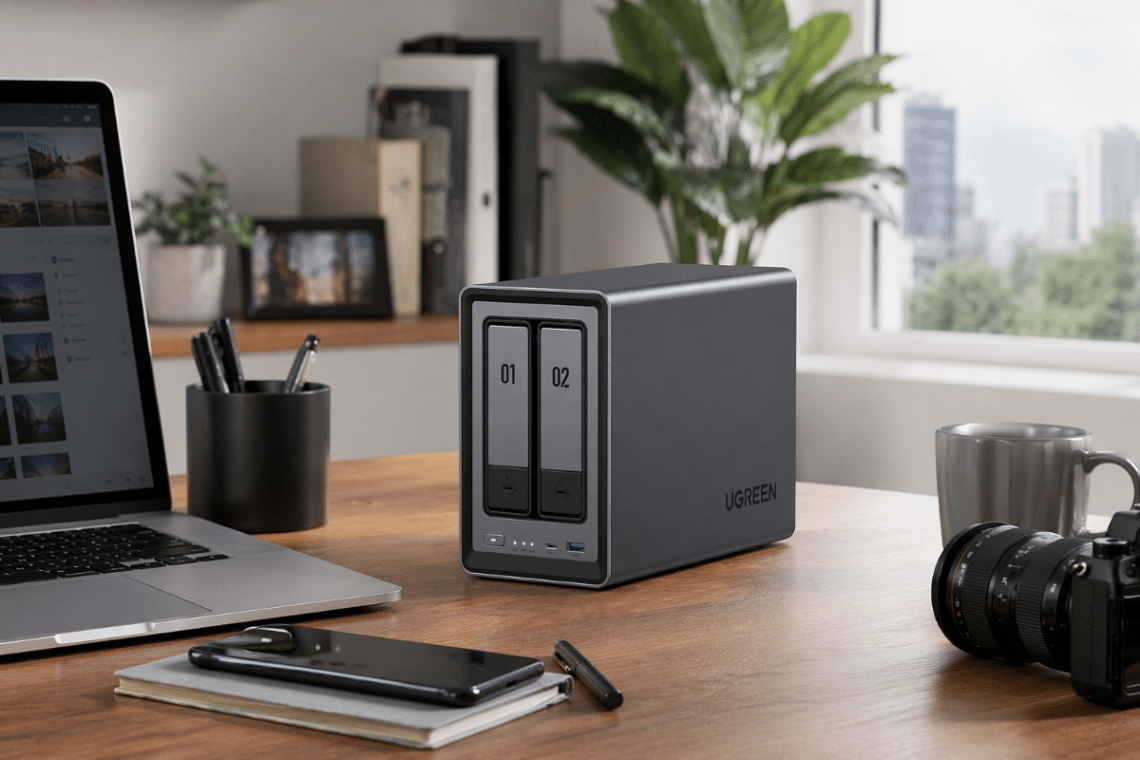 UGREEN NASync DXP2800 installé sur un bureau personnel moderne et lumineux, dans un espace pensé pour les photos, fichiers, sauvegardes et appareils du quotidien
