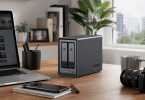 UGREEN NASync DXP2800 installé sur un bureau personnel moderne et lumineux, dans un espace pensé pour les photos, fichiers, sauvegardes et appareils du quotidien
