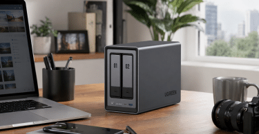 UGREEN NASync DXP2800 installé sur un bureau personnel moderne et lumineux, dans un espace pensé pour les photos, fichiers, sauvegardes et appareils du quotidien