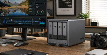 UGREEN NASync DXP4800 Plus posé sur un bureau de création avec écran de montage photo vidéo