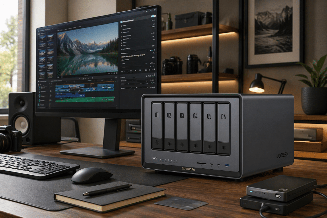 UGREEN NASync DXP6800 Pro installé sur un bureau premium avec écran de montage et espace de travail créatif