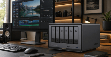 UGREEN NASync DXP6800 Pro installé sur un bureau premium avec écran de montage et espace de travail créatif